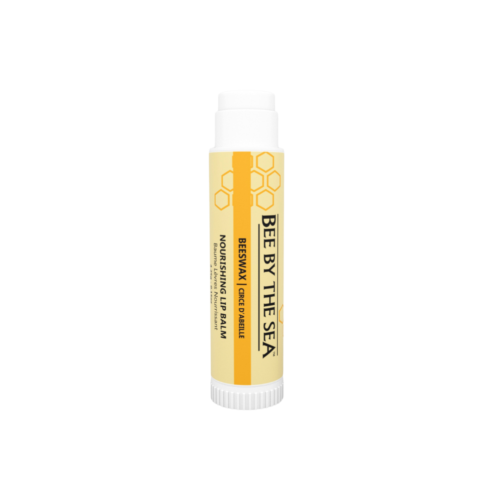Lip balm with 'Bee by the Sea' branding on a white background
